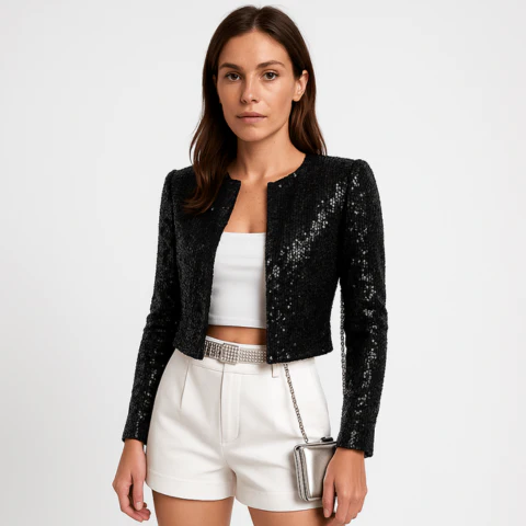 Damen Abendjacke Festlich Pailletten Strukturierter Blazer - Image 5