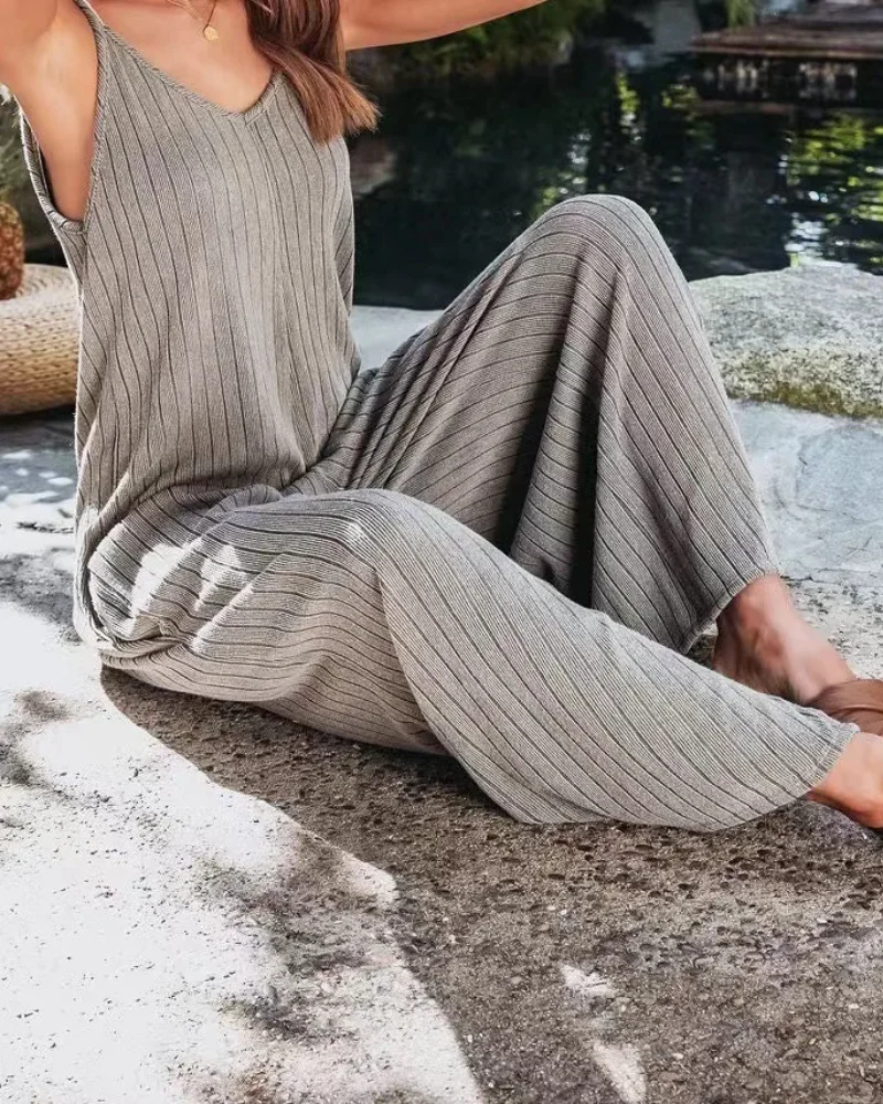Damen Ärmelloser Gerippter Jumpsuit | Weites Bein