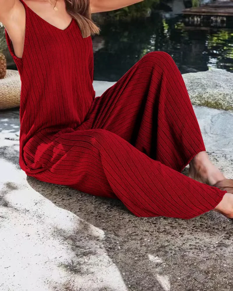 Damen Ärmelloser Gerippter Jumpsuit | Weites Bein - Image 3