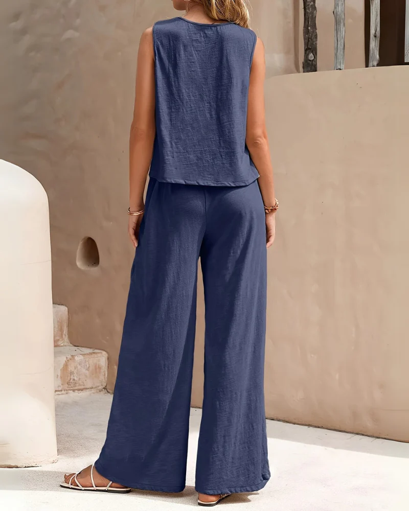 Damen Ärmelloses Freizeit Zweiteiler Set | Weite Hose - Image 2
