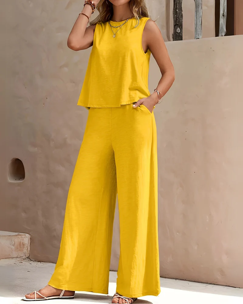 Damen Ärmelloses Freizeit Zweiteiler Set | Weite Hose - Image 7