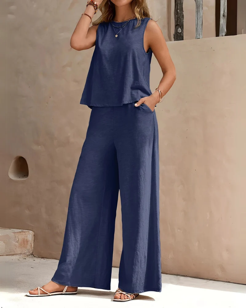 Damen Ärmelloses Freizeit Zweiteiler Set | Weite Hose - Image 8