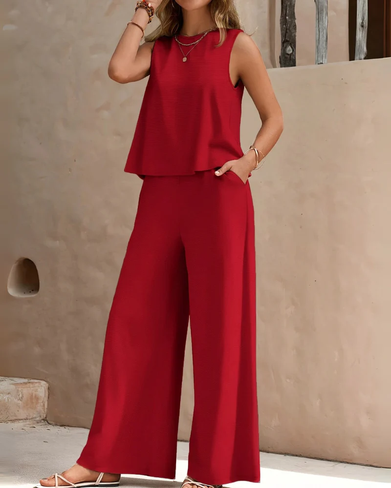 Damen Ärmelloses Freizeit Zweiteiler Set | Weite Hose - Image 9