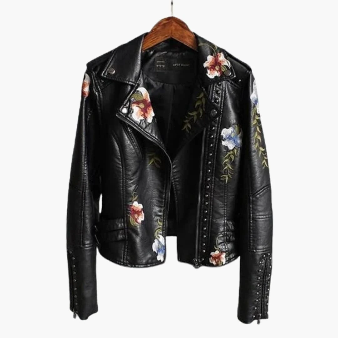 Damen Bikerjacke mit Blumenstickerei und Nieten-Details - Image 2
