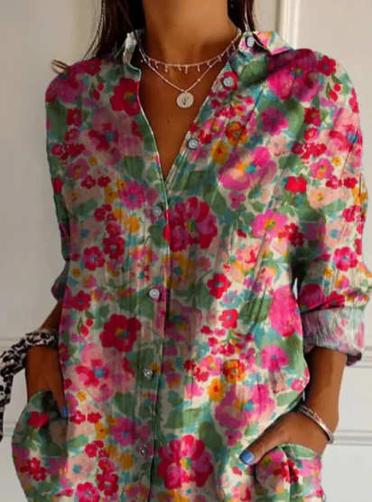 Damen Blumen Button Down Hemd | Langarm - Image 2