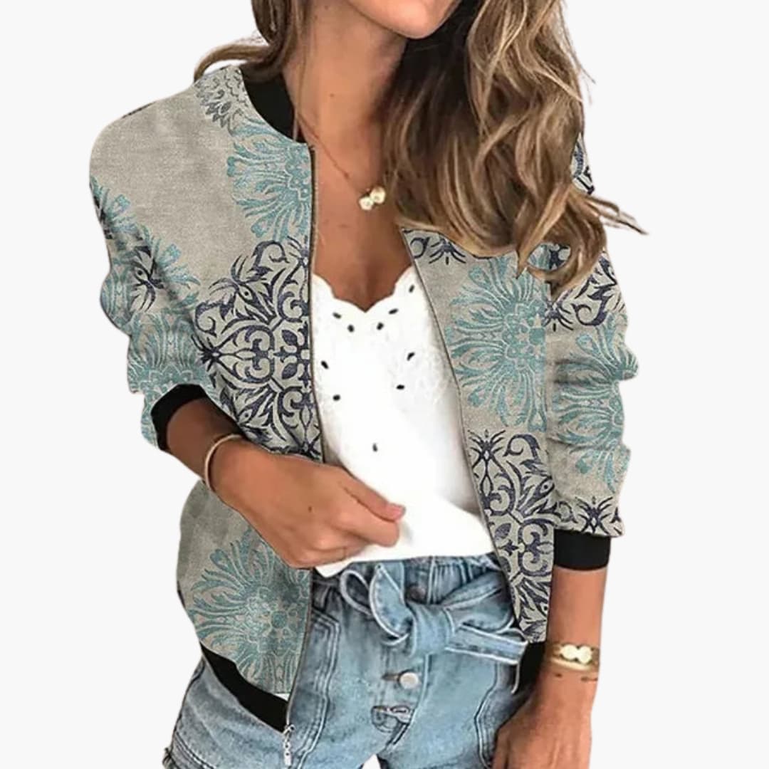 Damen Bomberjacke mit Blumenmuster und Reißverschluss - Image 2