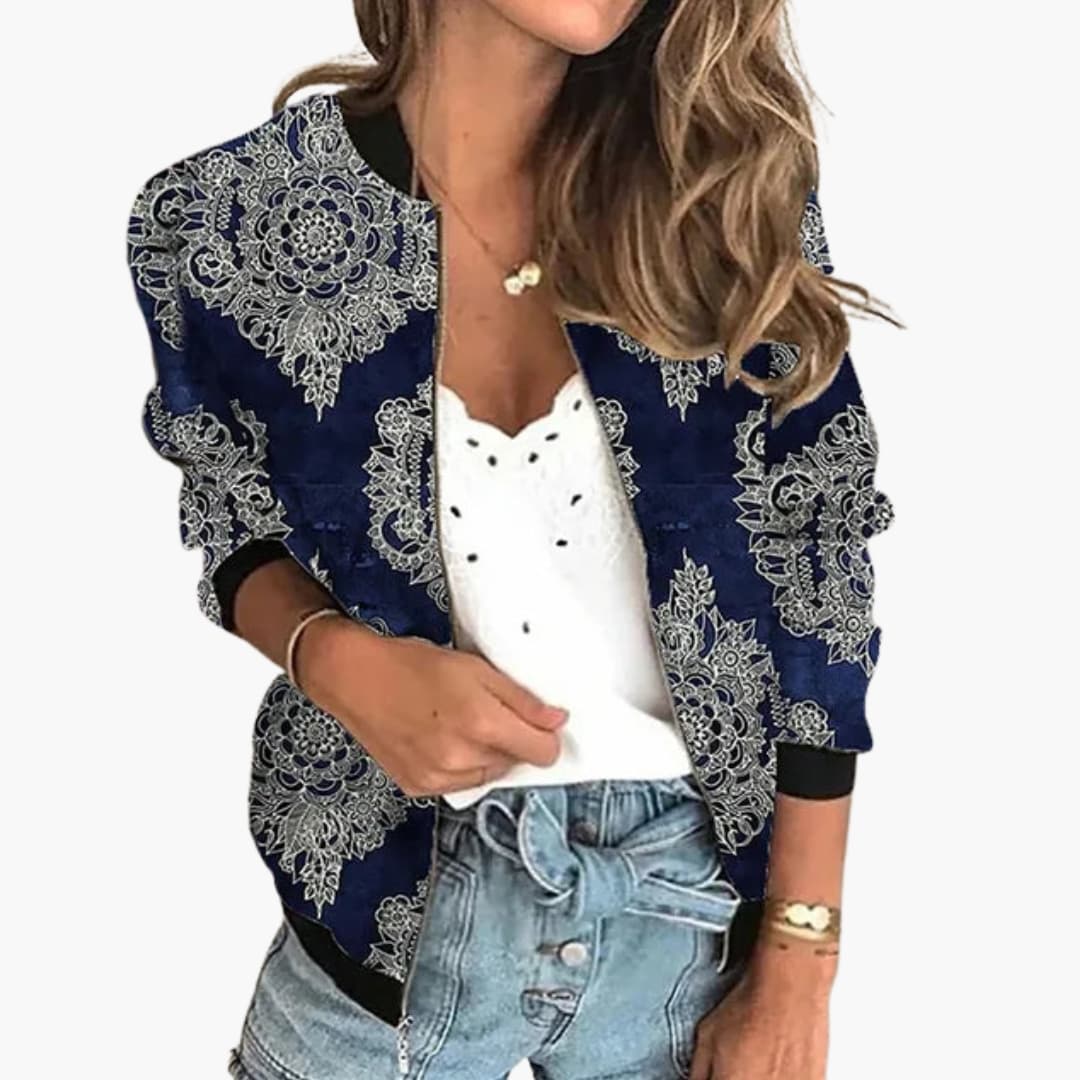 Damen Bomberjacke mit Blumenmuster und Reißverschluss - Image 4