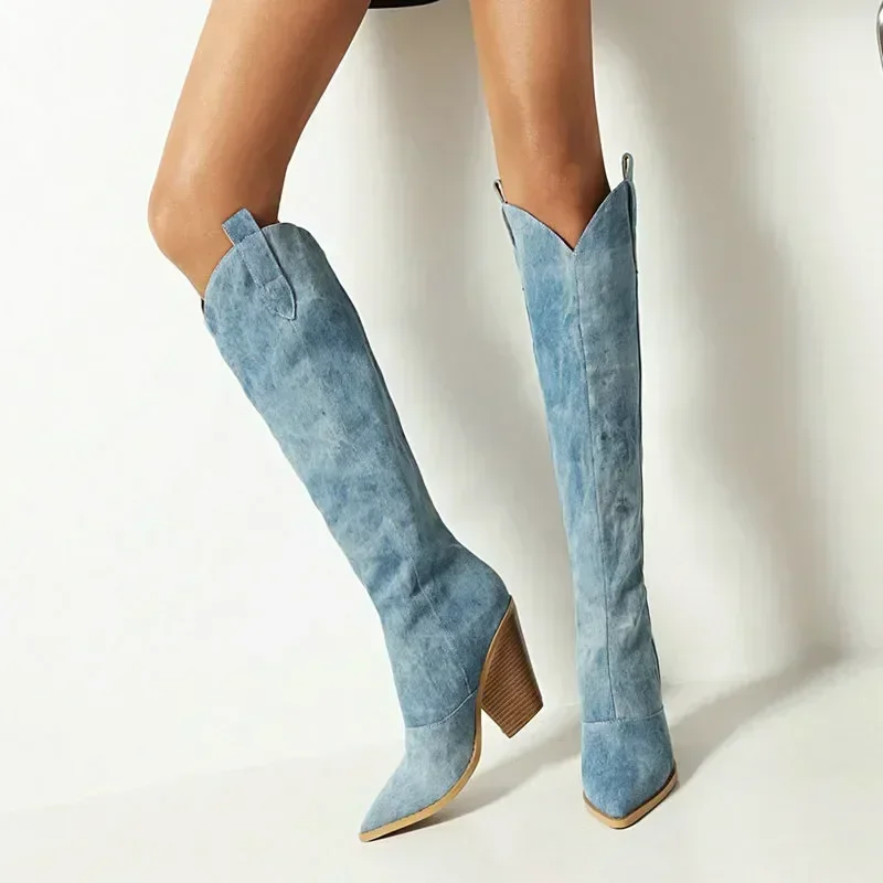Damen Cowboy Overknee Stiefel | Blau - Image 3
