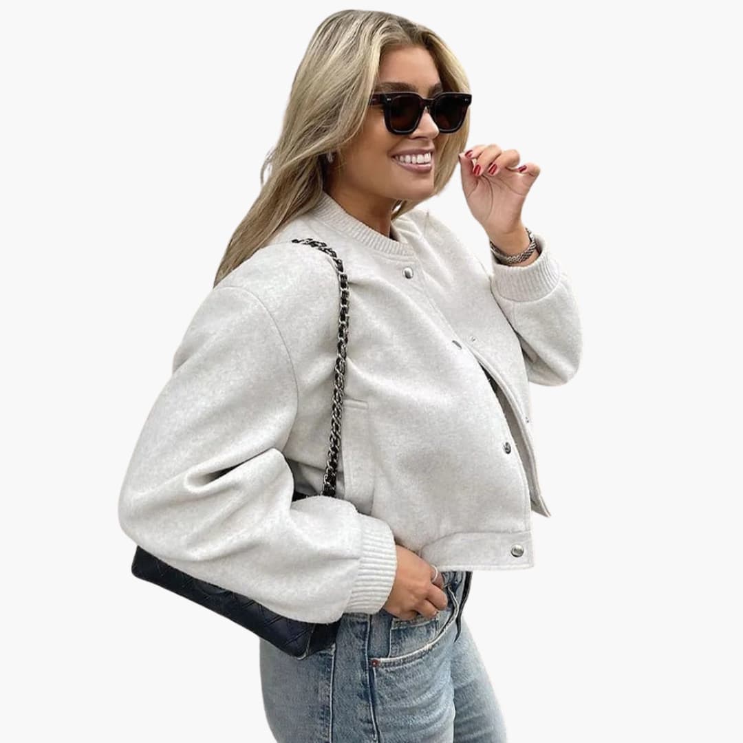 Damen Cropped Bomberjacke mit Knopfverschluss und Seitentaschen - Image 2