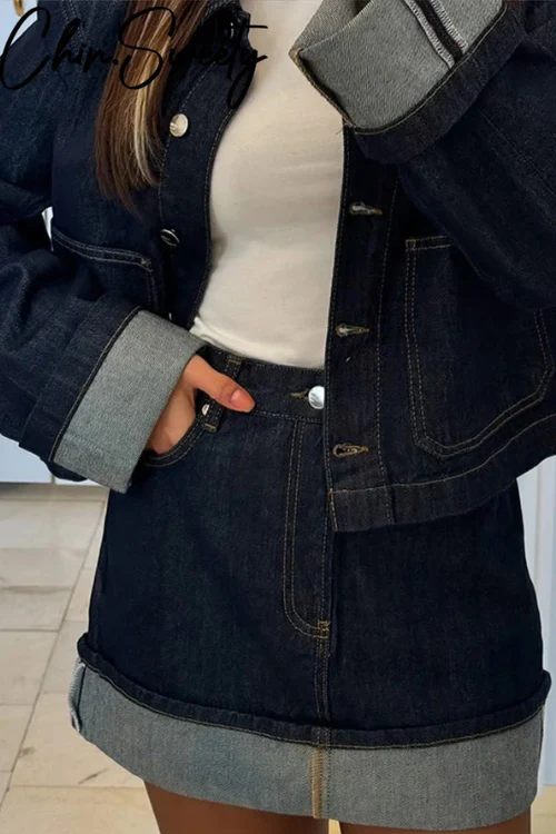 Damen-Denim-Set – Cropped Jeansjacke & High-Waist Minirock mit Umschlag - Image 2