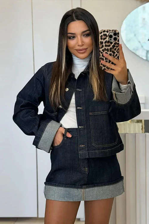 Damen-Denim-Set – Cropped Jeansjacke & High-Waist Minirock mit Umschlag - Image 4