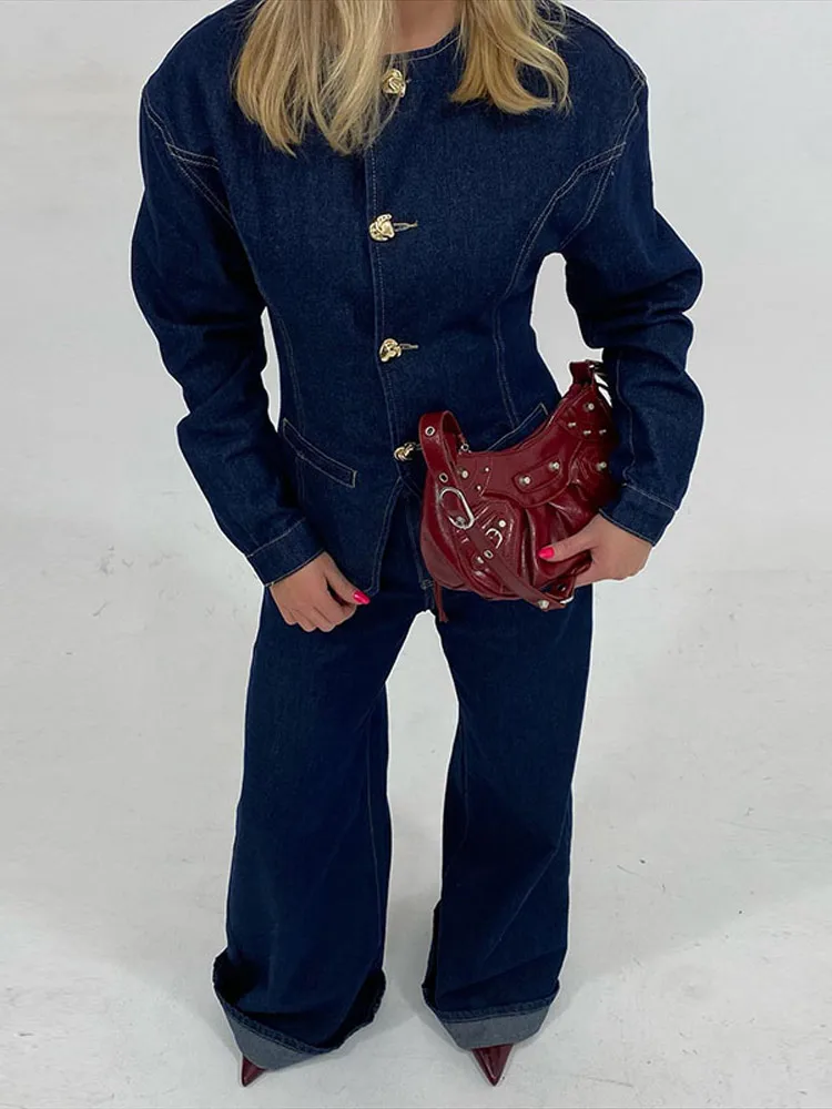 Damen-Denim-Set – Elegantes Tailliertes Jeansjacke & High-Waist Wide-Leg Hose - Image 2