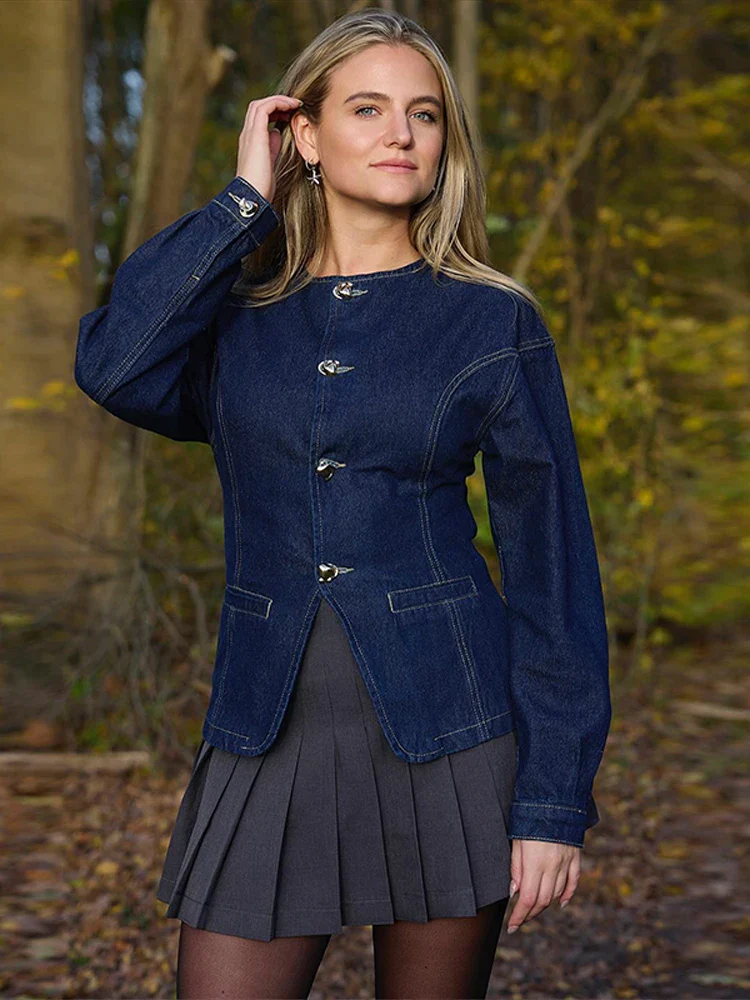 Damen-Denim-Set – Elegantes Tailliertes Jeansjacke & High-Waist Wide-Leg Hose - Image 4