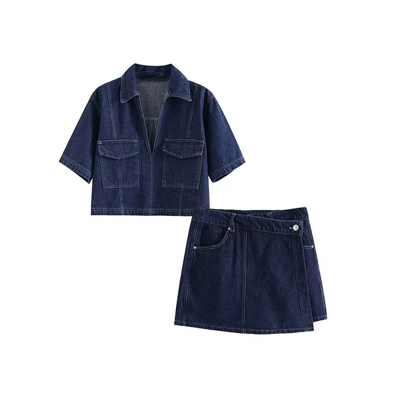Damen-Denim-Set – Kurzarm-Jeansjacke & Asymmetrischer Minirock - Image 6