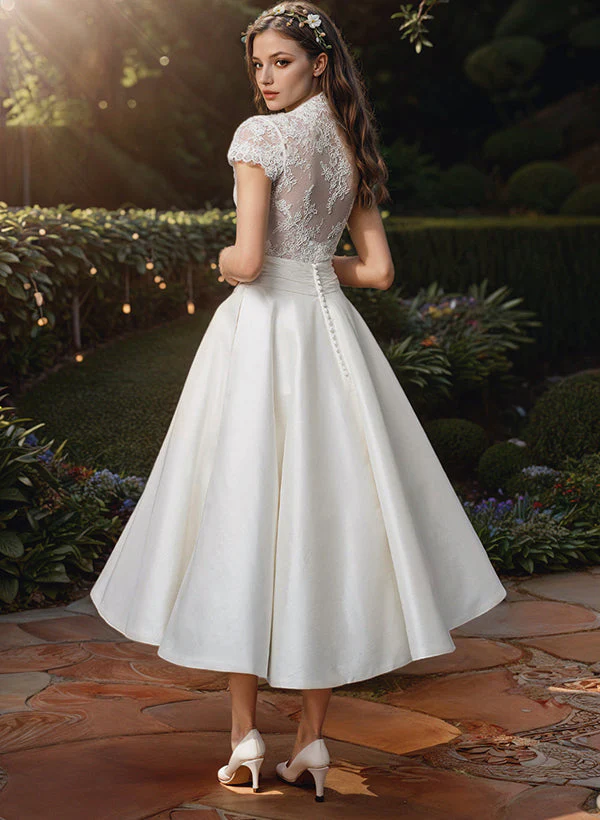Damen Elegante V-Ausschnitt Brautkleid | Midi