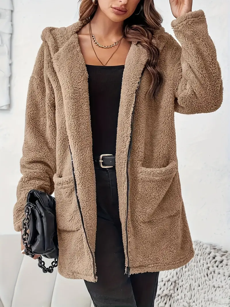 Damen ELEGANTER REISSVERSCHLUSS-PATCH-TASCHEN LANGARM PLÜSCH KAPUZENMANTEL | STILVOLL, BEQUEM, WARM - Image 2