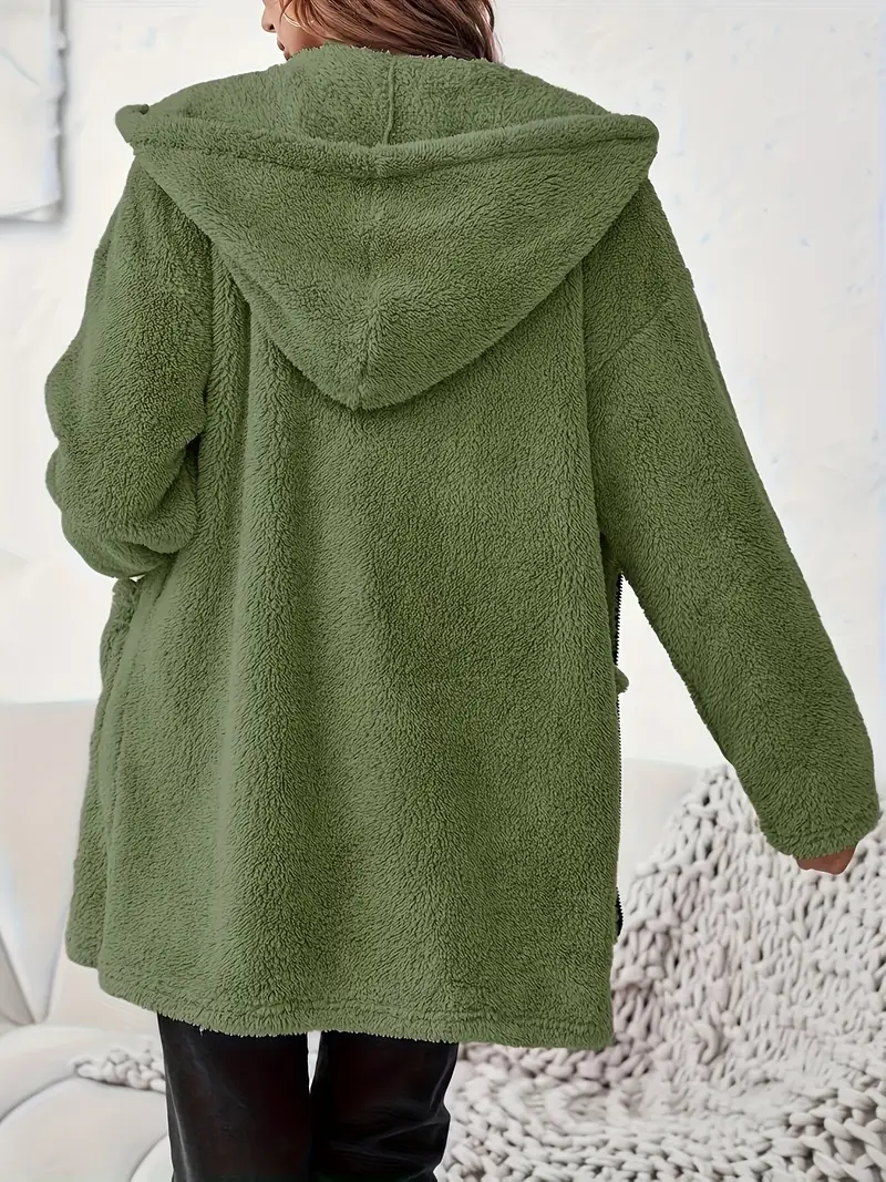 Damen ELEGANTER REISSVERSCHLUSS-PATCH-TASCHEN LANGARM PLÜSCH KAPUZENMANTEL | STILVOLL, BEQUEM, WARM - Image 4