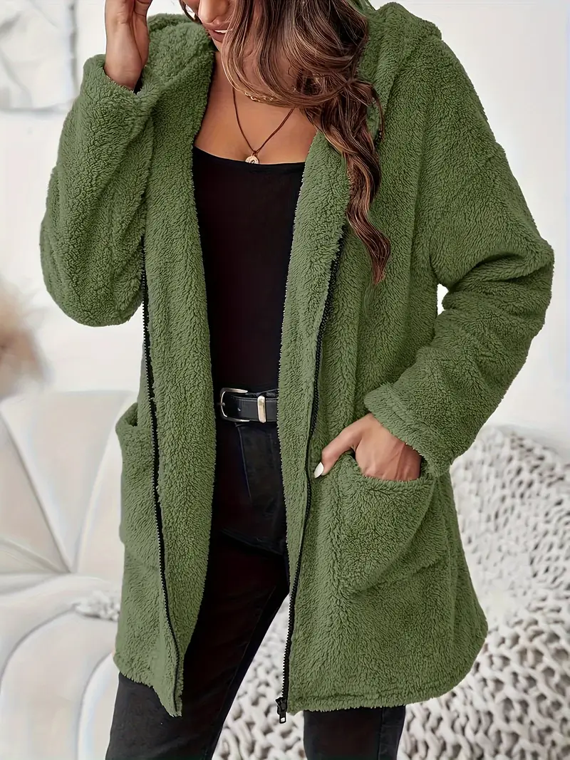 Damen ELEGANTER REISSVERSCHLUSS-PATCH-TASCHEN LANGARM PLÜSCH KAPUZENMANTEL | STILVOLL, BEQUEM, WARM - Image 5