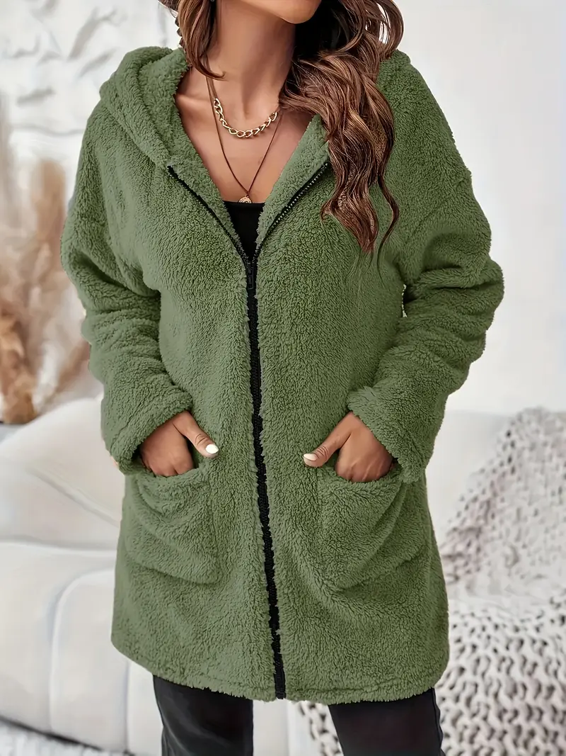 Damen ELEGANTER REISSVERSCHLUSS-PATCH-TASCHEN LANGARM PLÜSCH KAPUZENMANTEL | STILVOLL, BEQUEM, WARM - Image 8