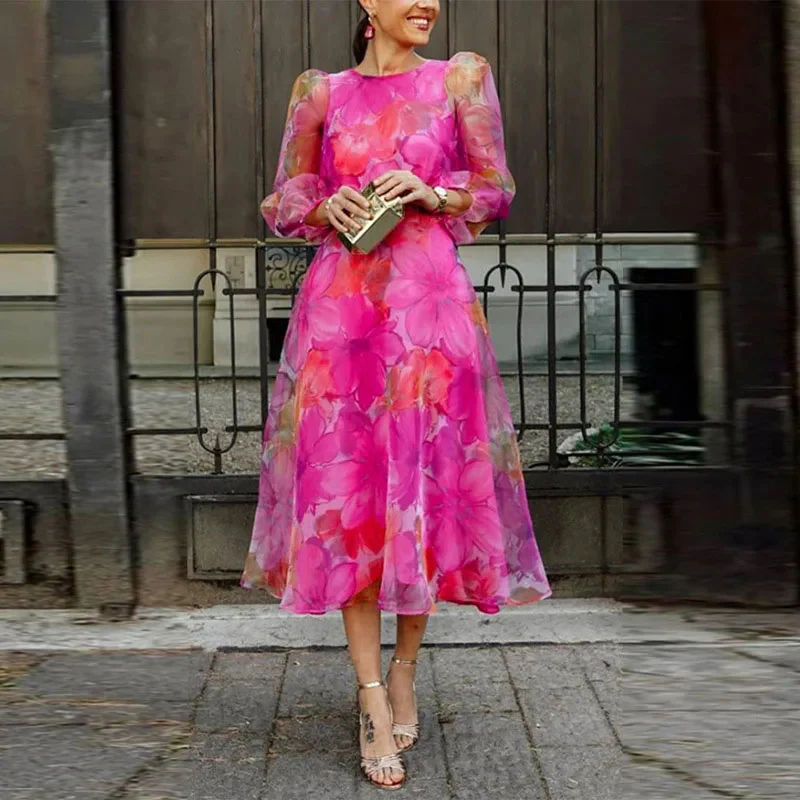 Damen elegantes geblümtes Partykleid mit langen Ärmeln | Midi - Image 2