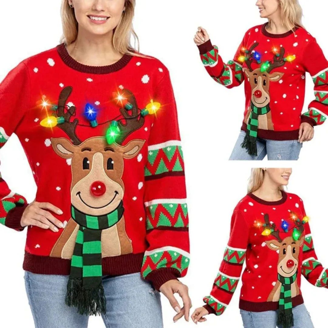 Damen Festlicher Weihnachtspullover mit LED-Lichtern Strick Warm