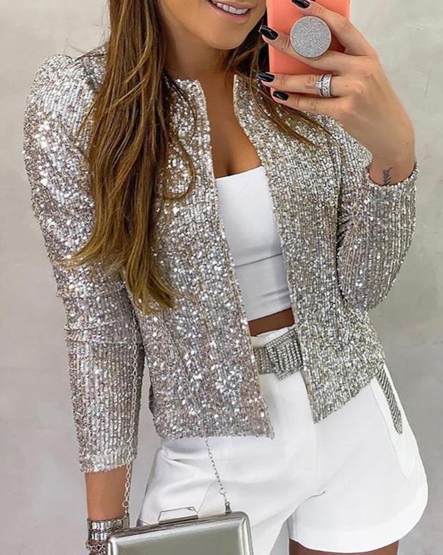Damen Funkelnder Partyblazer Offenes Design Pailletten - Image 4