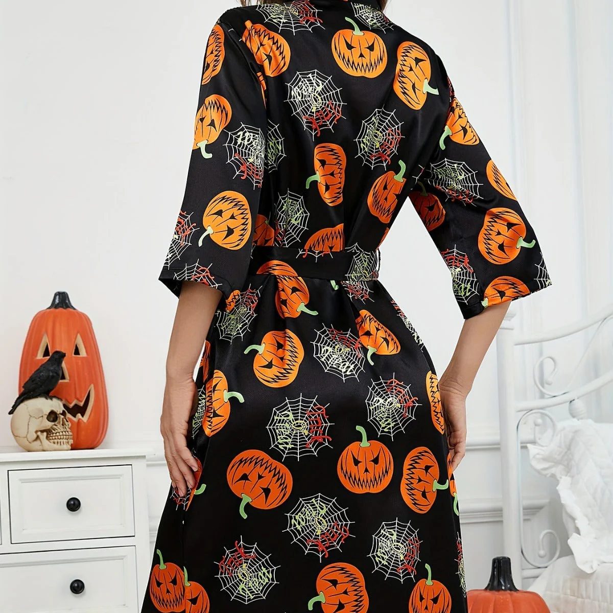 Damen Halloween-Bademantel mit Kürbisprint | Taillengürtel & 3/4-Ärmel - Image 3