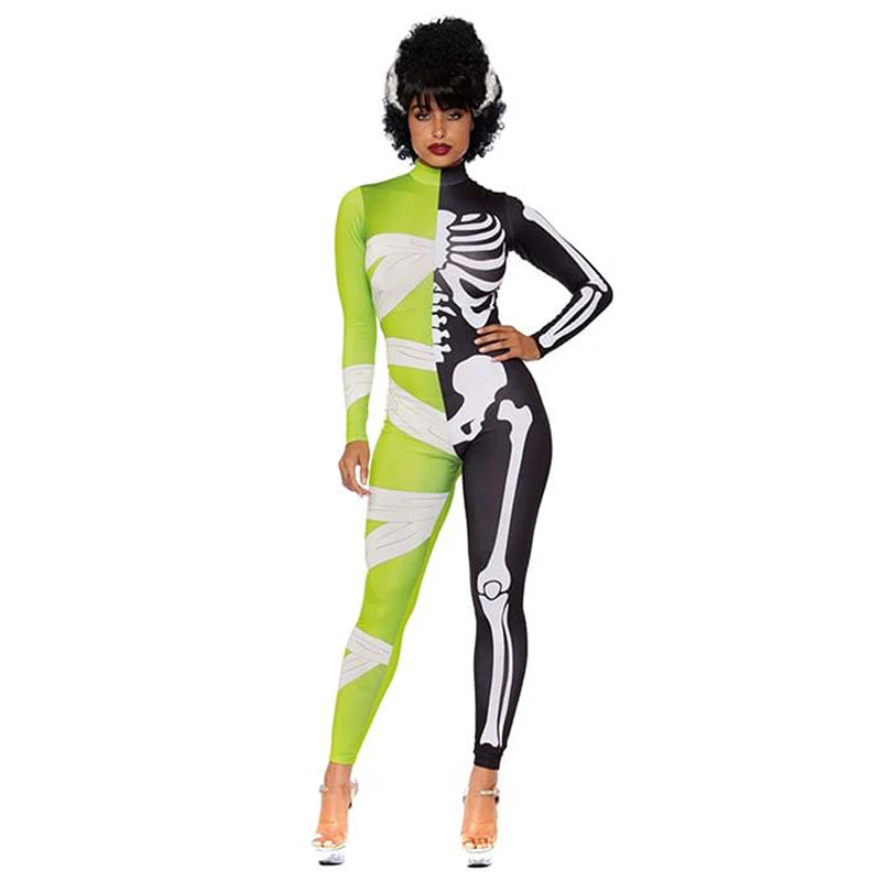 Damen Halloween-Jumpsuit mit Skelett- und Mumienmotiv | Einteiler mit Langarm - Image 2