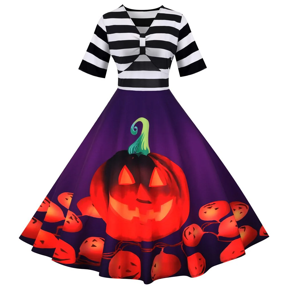 Damen Halloween-Kleid mit Kürbis-Print | Gestreiftes Oberteil & Midi-Länge - Image 3