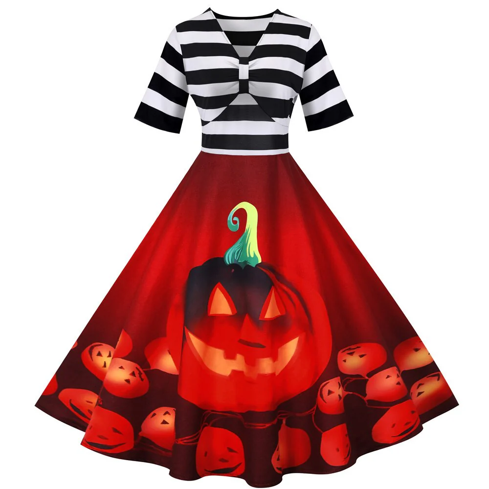 Damen Halloween-Kleid mit Kürbis-Print | Gestreiftes Oberteil & Midi-Länge - Image 4