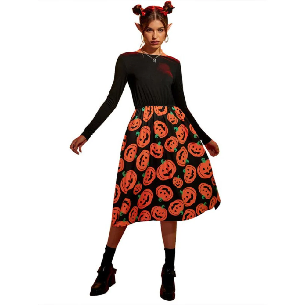 Damen Halloween-Kleid mit Kürbis-Print | Langarm & Midi-Länge - Image 2