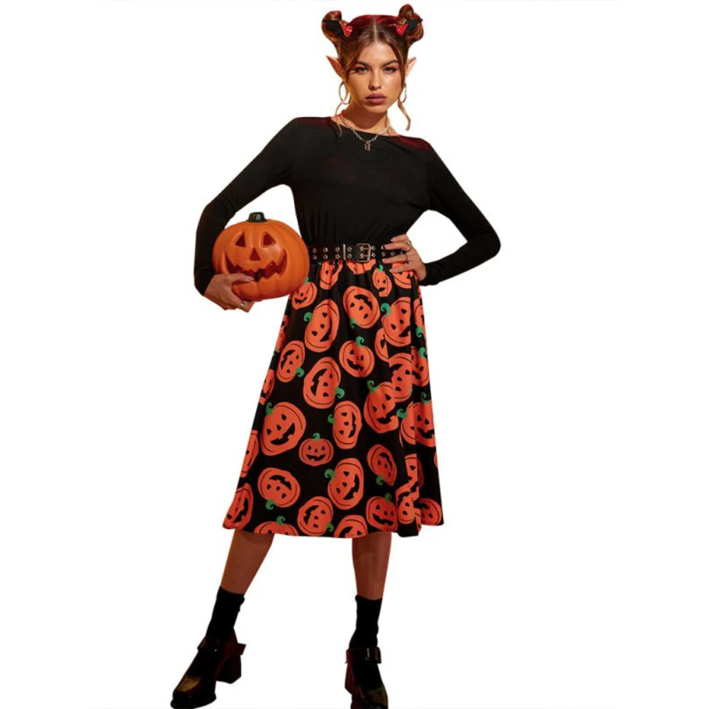Damen Halloween-Kleid mit Kürbis-Print | Langarm & Midi-Länge - Image 3