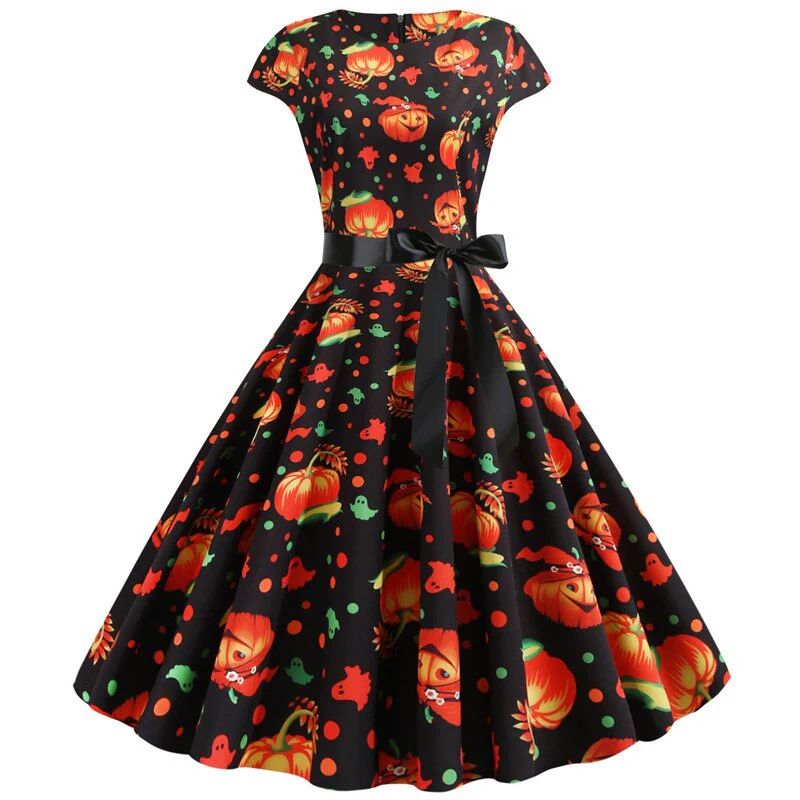 Damen Halloween-Kleid mit Print Kurzarm & Ausgestellter Knie-Länge | Midi - Image 2
