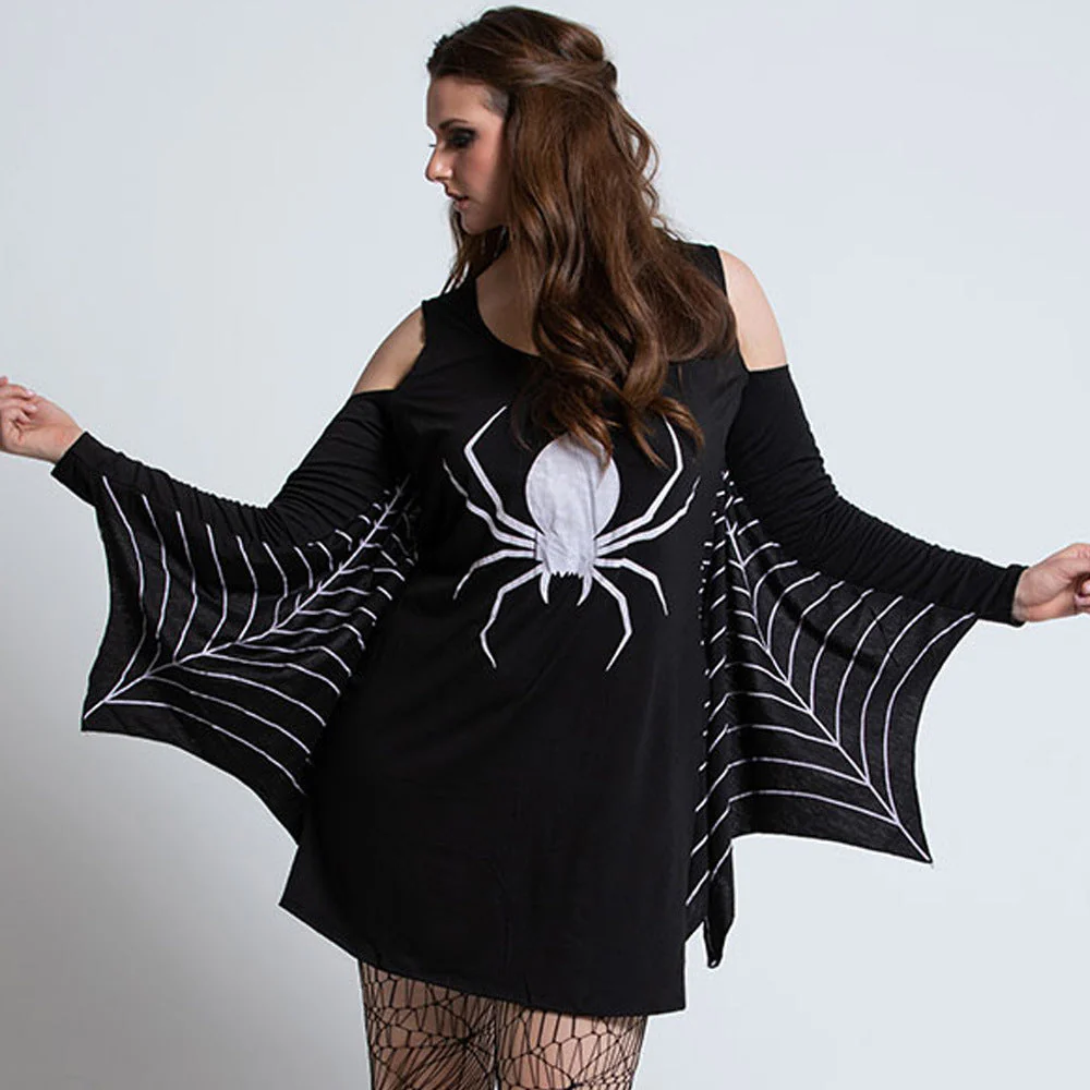 Damen Halloween-Kleid mit Spinnenmotiv | Schulterfrei & Mini-Länge - Image 2