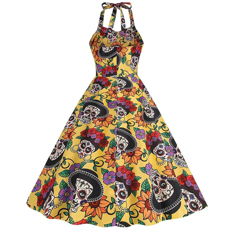 Damen Halloween Kleid | Rockabilly Kleid mit Totenkopf Print und Neckholder - Image 2