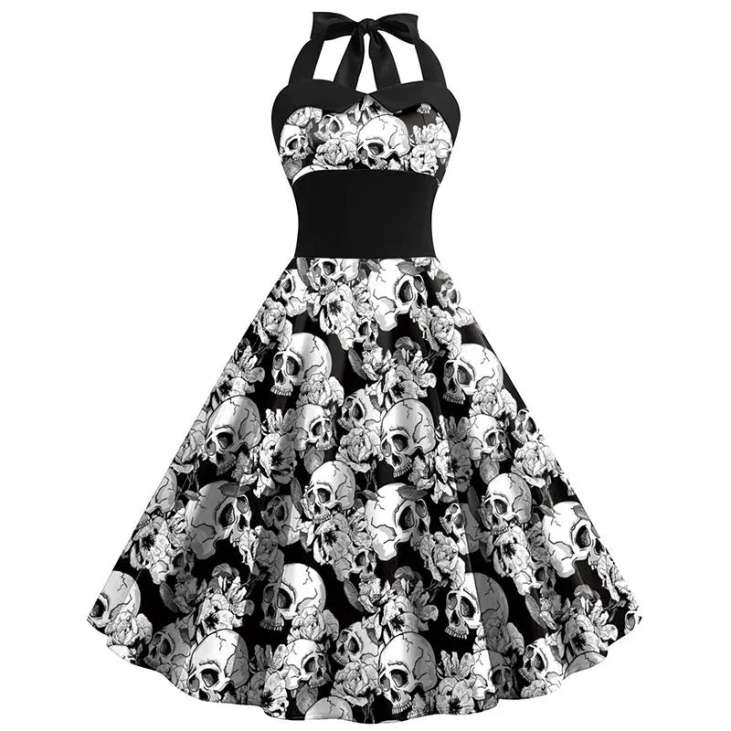 Damen Halloween Kleid | Rockabilly Kleid mit Totenkopf Print und Neckholder - Image 3