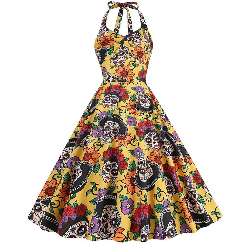 Damen Halloween Kleid | Rockabilly Kleid mit Totenkopf Print und Neckholder - Image 4