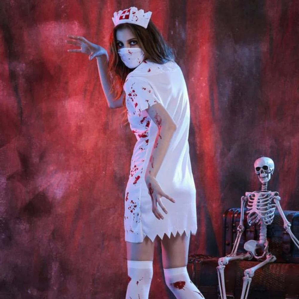 Damen Halloween Kostüm | Kurzarm Kleid mit Blutflecken und Reißverschluss - Image 2