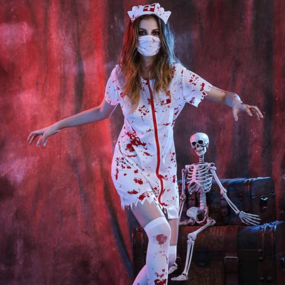 Damen Halloween Kostüm | Kurzarm Kleid mit Blutflecken und Reißverschluss - Image 3
