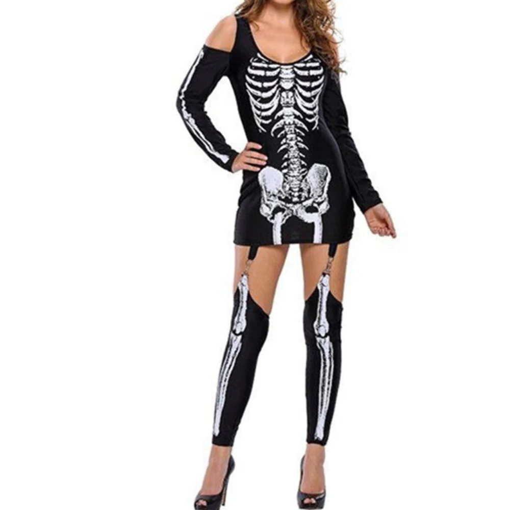Damen Halloween-Kostüm Set | Schulterfrei & Mit Knochenprint - Image 2