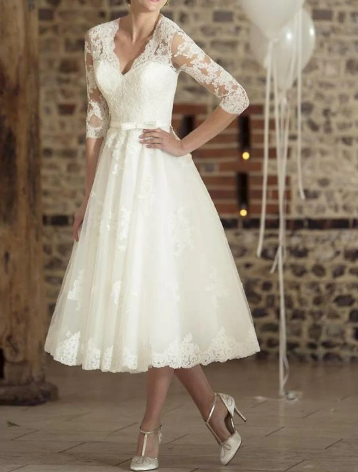 Damen Jahrgang 3/4 Ärmel Brautkleid | Midi - Image 2