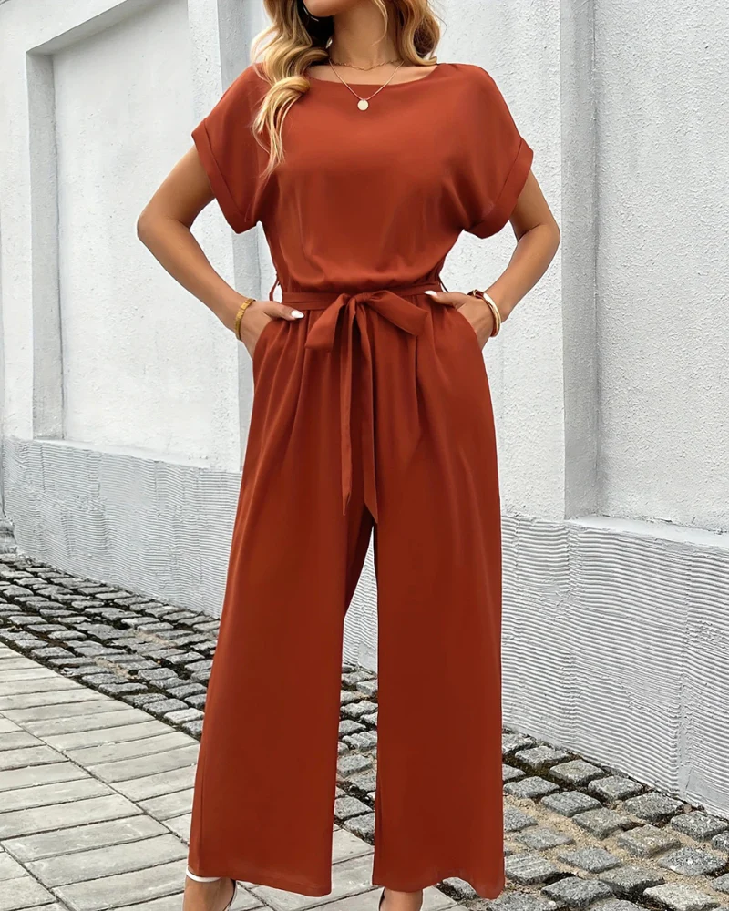Damen Jumpsuit Mit Gürtel & Weitem Bein | Kurzarm - Image 5