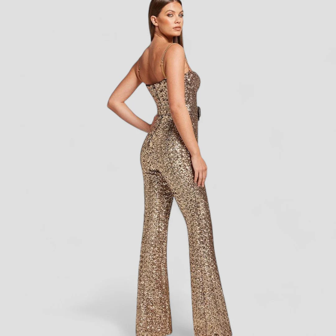 Damen Jumpsuit mit Pailletten, taillierter Schnitt und ausgestelltem Bein für festliche Anlässe - Image 3