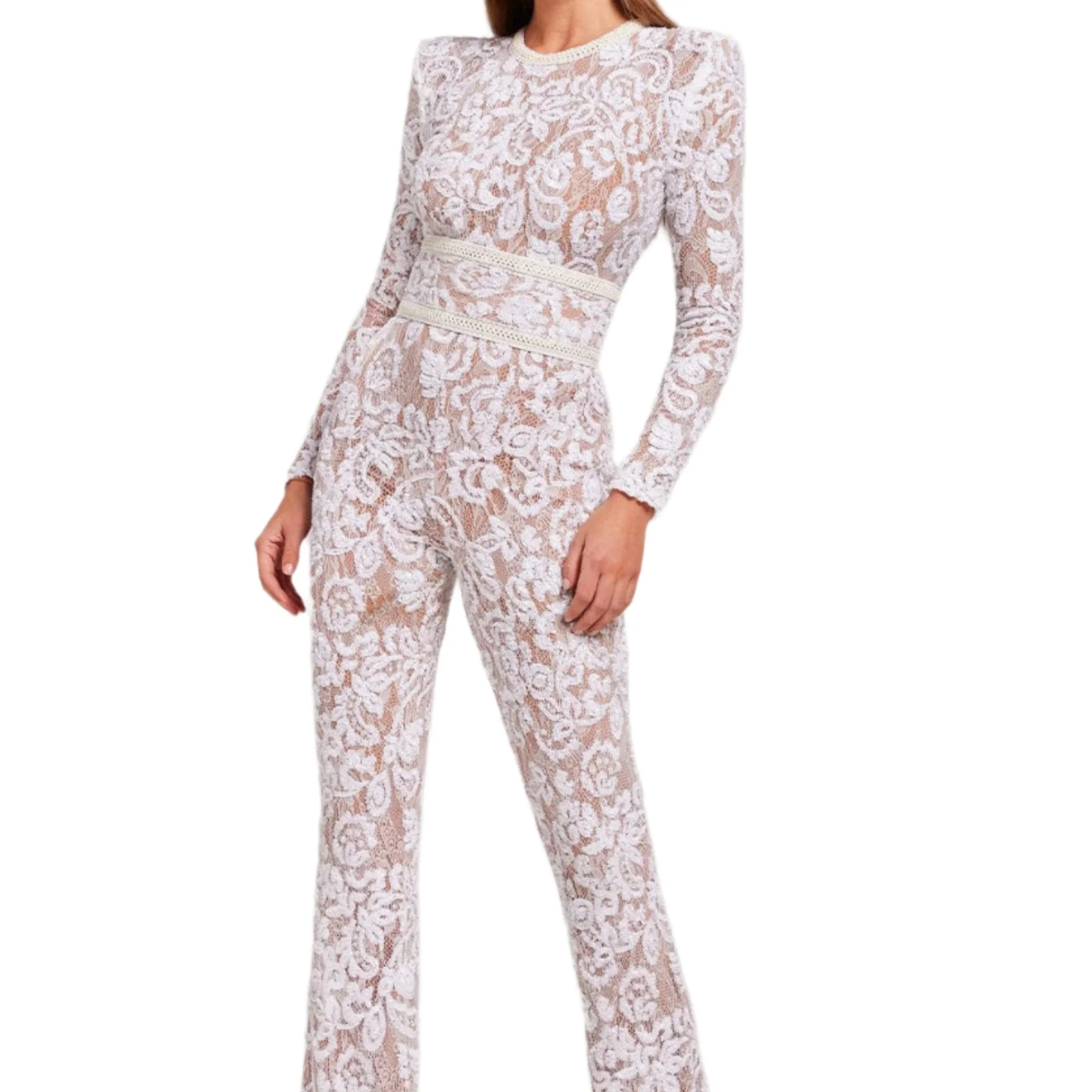 Damen-Jumpsuit mit tailliertem Schnitt und Spitzen-Details – weites Bein - Image 2