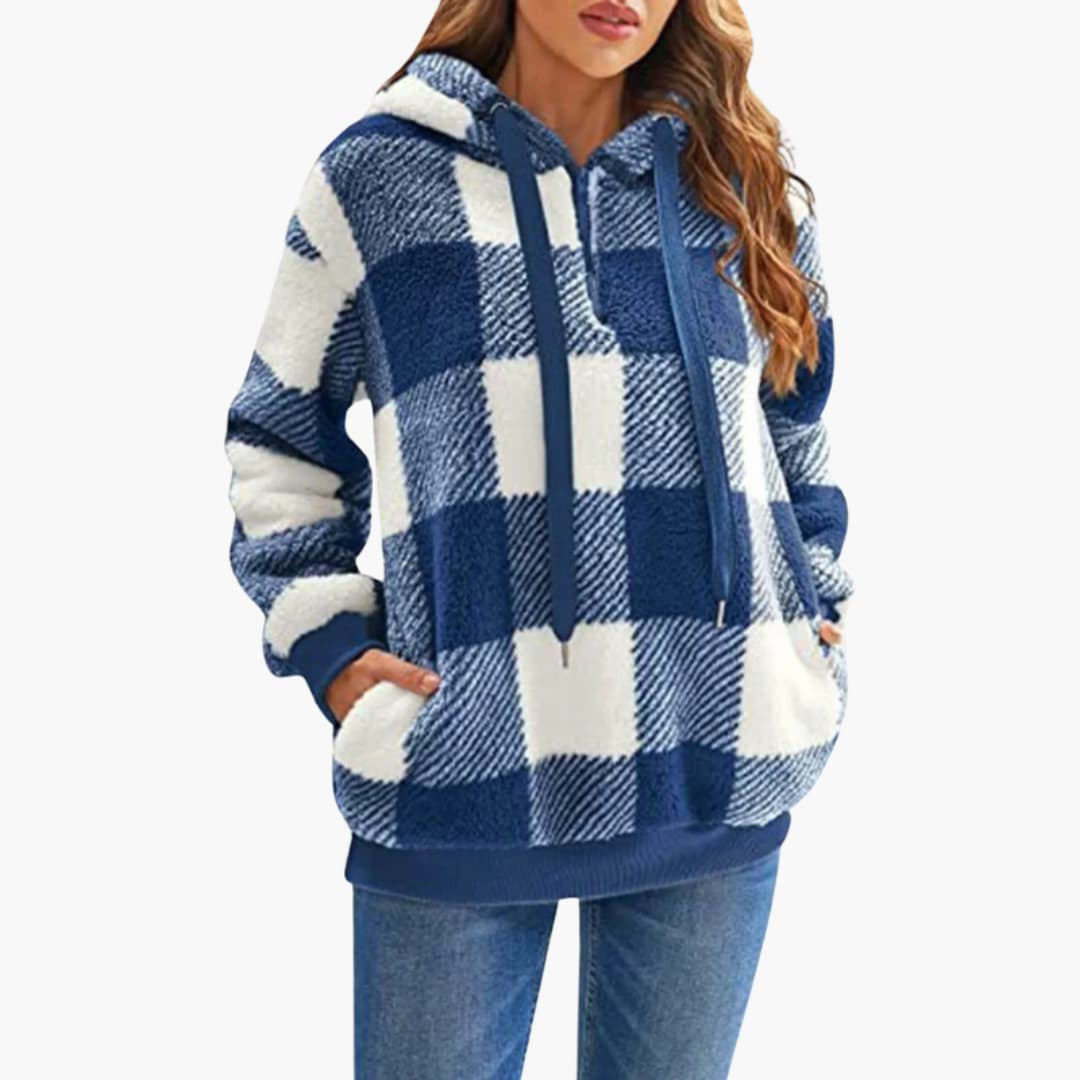Damen Kapuzen pullover mit Karo-Muster Kängurutasche - Image 2