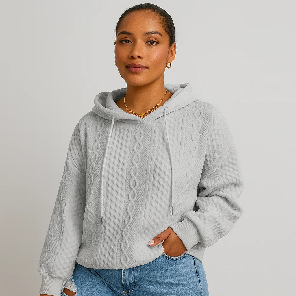 Damen Kapuzenpullover in großen Größen – Unifarbener Rippstrick mit Kordelzug & Stretch - Image 3
