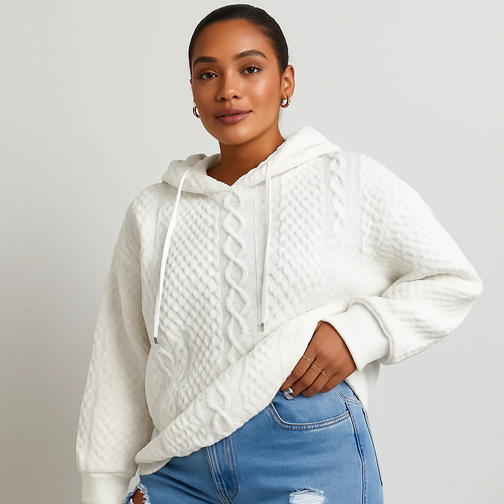 Damen Kapuzenpullover in großen Größen – Unifarbener Rippstrick mit Kordelzug & Stretch - Image 5