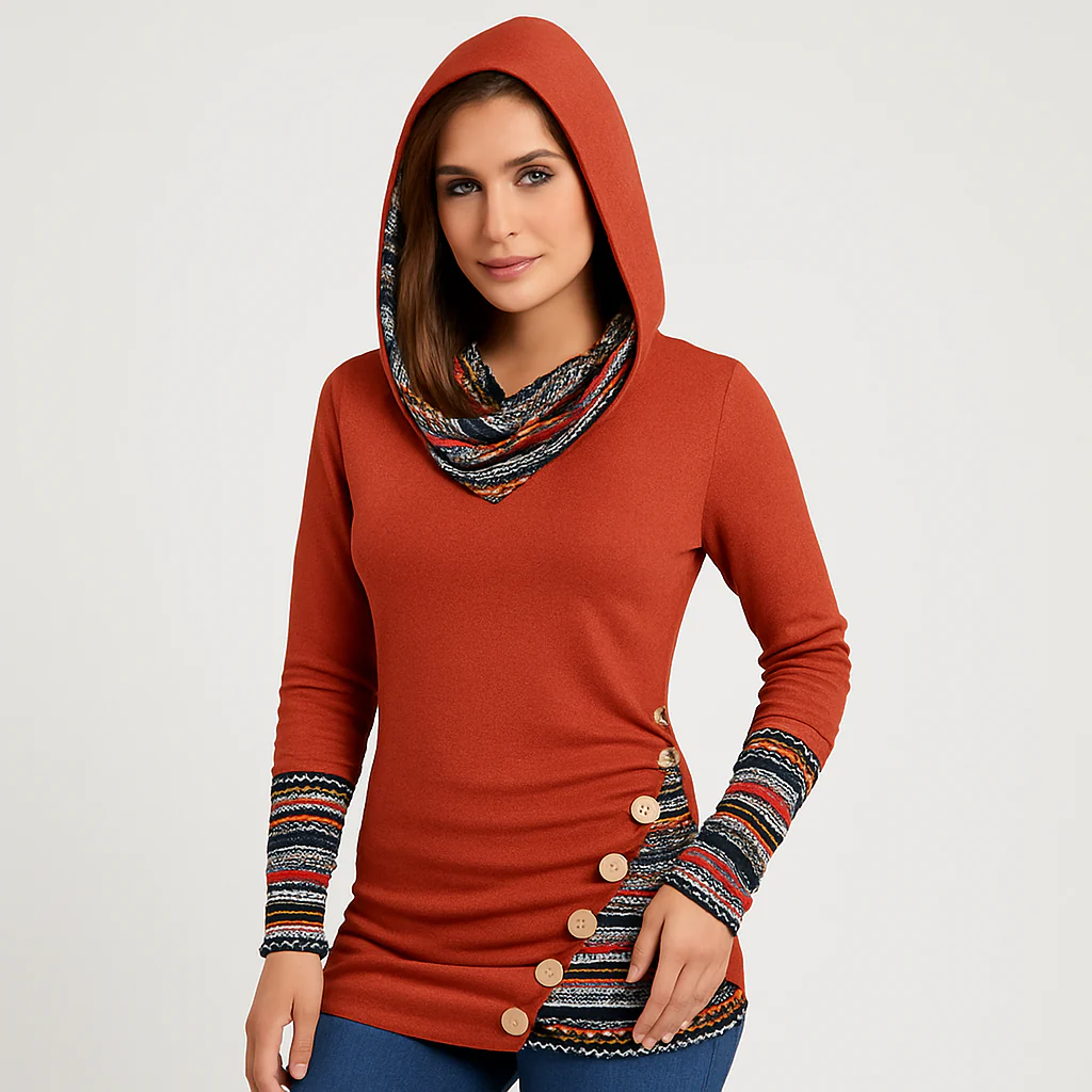Damen Kapuzenpullover mit Ethno-Streifen – Langarm Hoodie im Patchwork-Stil - Image 2