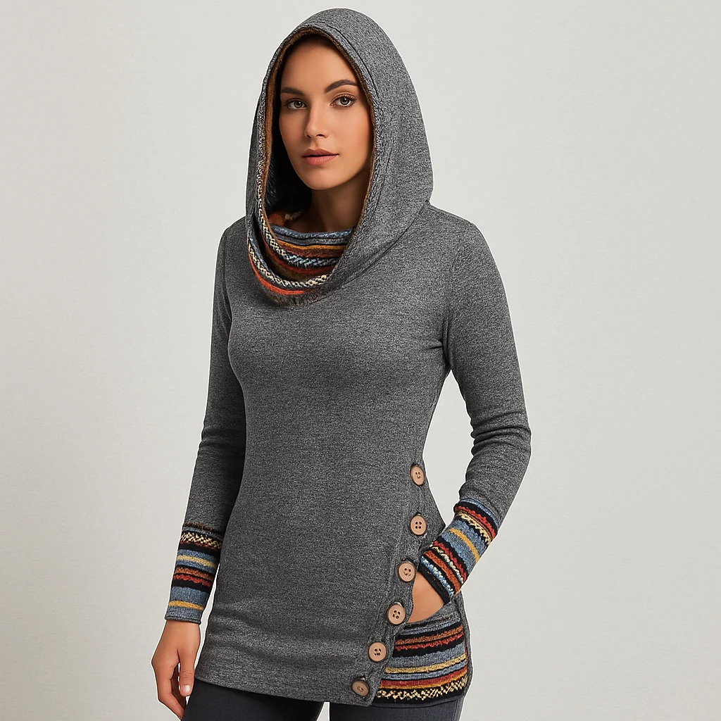 Damen Kapuzenpullover mit Ethno-Streifen – Langarm Hoodie im Patchwork-Stil - Image 3