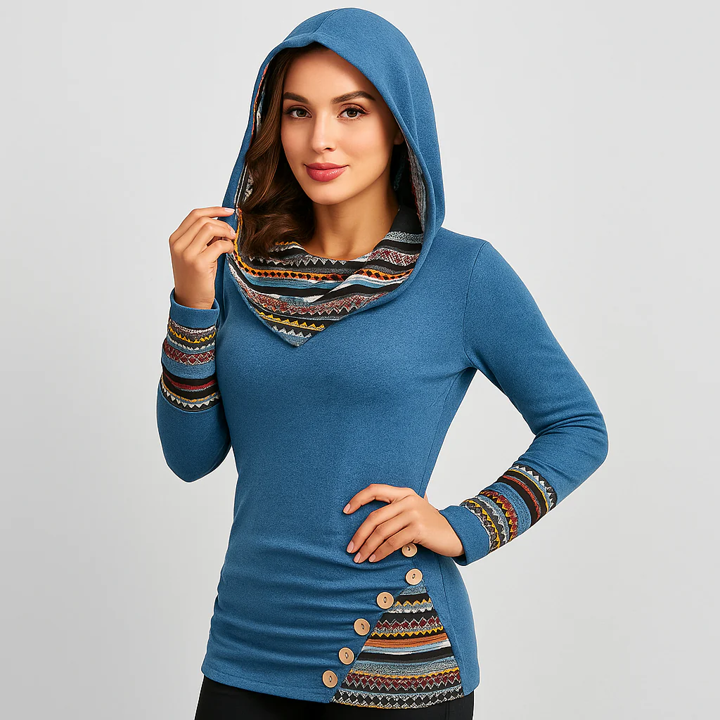 Damen Kapuzenpullover mit Ethno-Streifen – Langarm Hoodie im Patchwork-Stil - Image 4